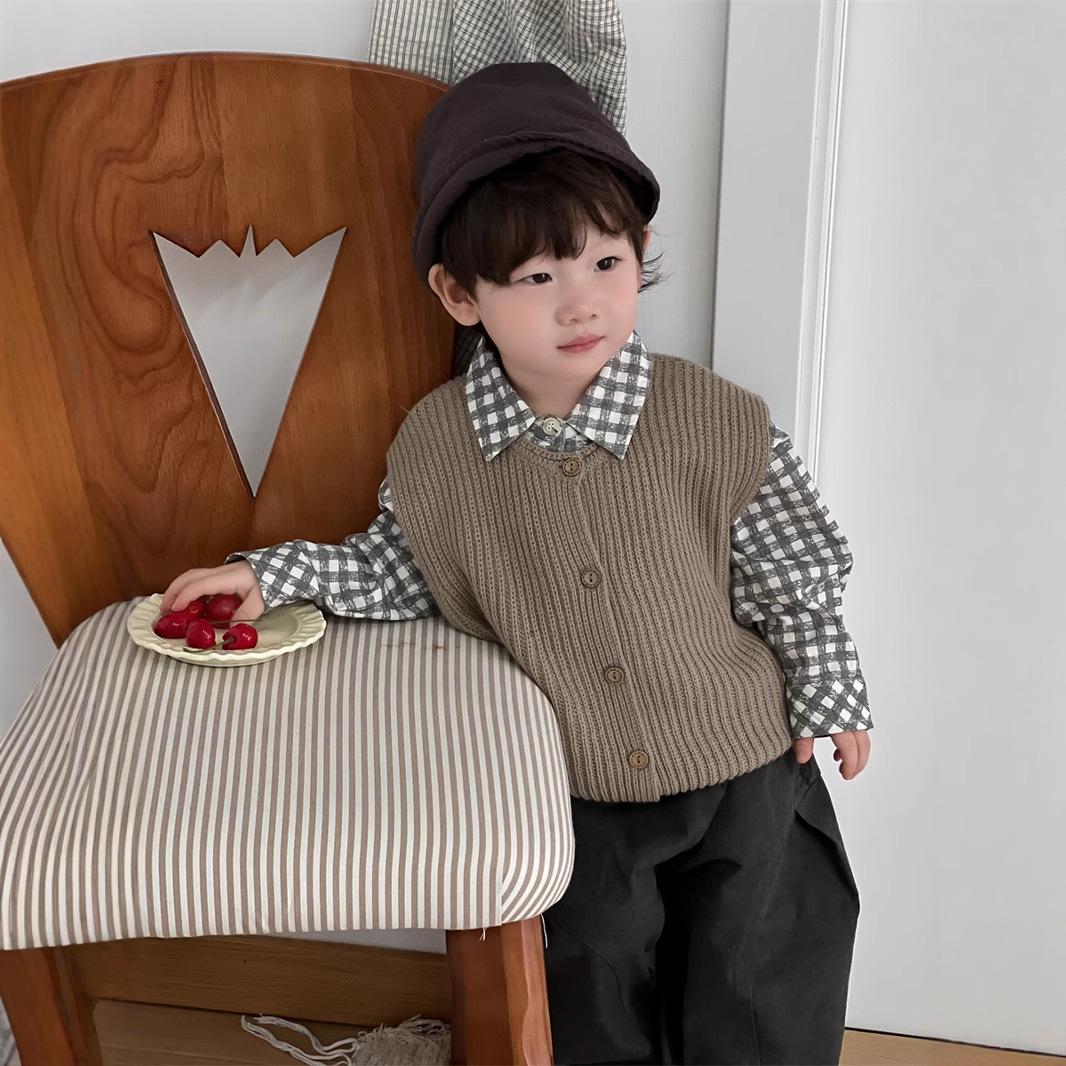 

2025 Новый корейский стиль Комплект детской одежды для мальчика в клетку: рубашка и брюки с жилетом 80cm