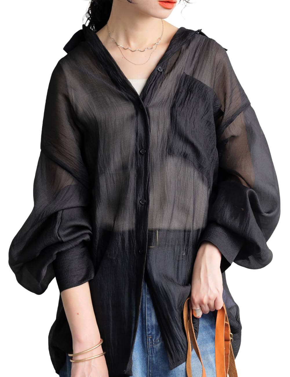 

antiqua Рубашка-оверсайз из прозрачной ткани, размер единый, черная, женская, ESA-00218, 05,