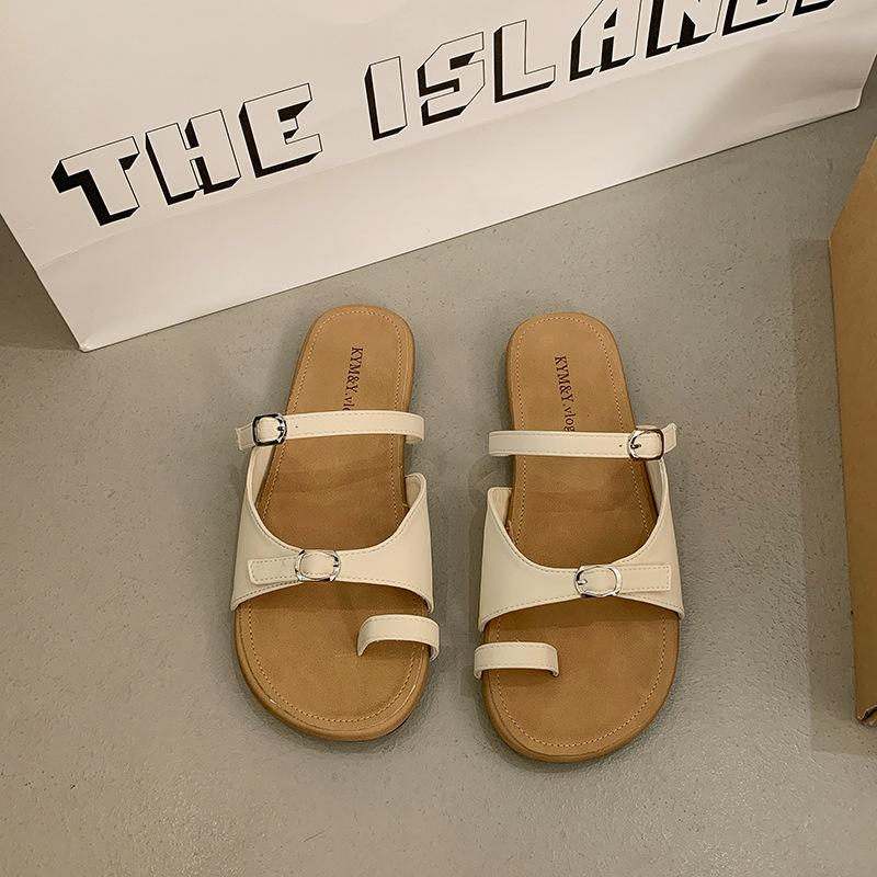 

6822 шлепанцы на плоской подошве с открытым носком и пряжкой, женские, 2025, новые, минималистичные и нежные, пляжные сандалии 38 бежевый