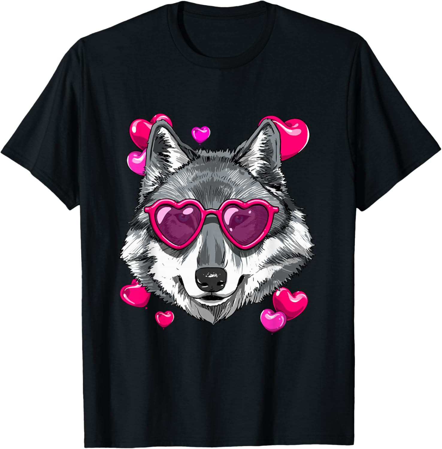

Wolf Lover Heart Sunglasses Valentine Graphic Tee Soft Casual Crewneck T-Shirt 4XL