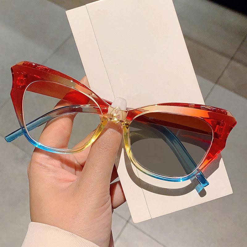 Vintage Large Frame Photochromic Reading Glasses Women's Fashion Cat Eye Gradient Color Anti Blue Light Far Sight Sun Glasses