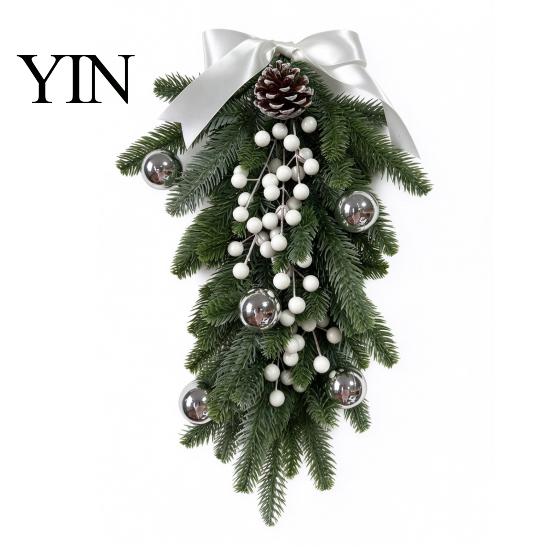 Rustic Pine Cone Red Berry Swag Christmas Teardrop Decoration, Artificial Wreath with Berries Cones Front Door Decoration And Bow for Door,