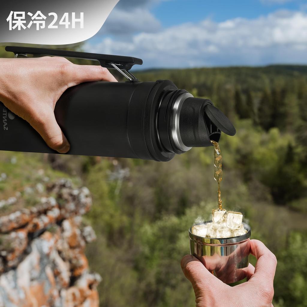 SANTECO Vacuum Insulated Water Bottle, 1 Liter, with Cup, Keeps Cold or Hot, Large Capacity, 316 Stainless Steel Thermos Bottle with Handle, Sports