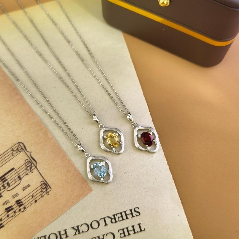 Women's S925 Sterling Silver Necklace Natural Crystal Peridot Pendant Brushed Craft Clavicle Chain Jewelry