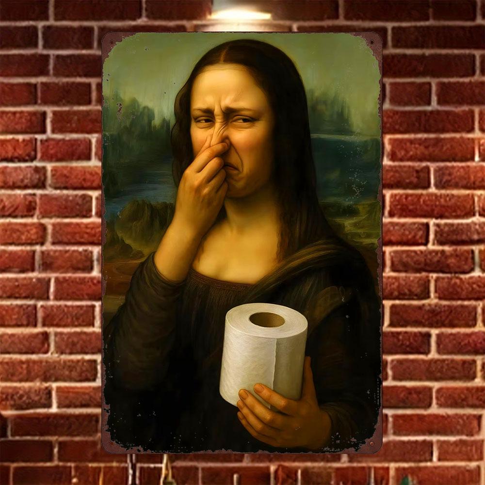 Funny Mona Lisa Hold Nose Bathroom Vintage Metal Sign Humorous Classic Art Parody Wall Plaque Restroom Toilet Home Wall Decor
