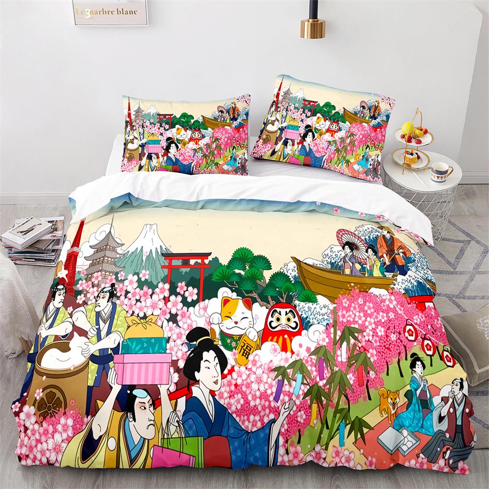 Japanese-Style Bedding Set Ukiyo-e Theme Comforter Cover Sea Wave Red Sun Pattern Decor Duvet Cover For Kids Teen King Full Size