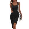 Fashion Square Collar Summer Irregular Dress Women Strap Pleated Lace-up Casual Tank Dress Black Party Split Sexy Clothing 25090