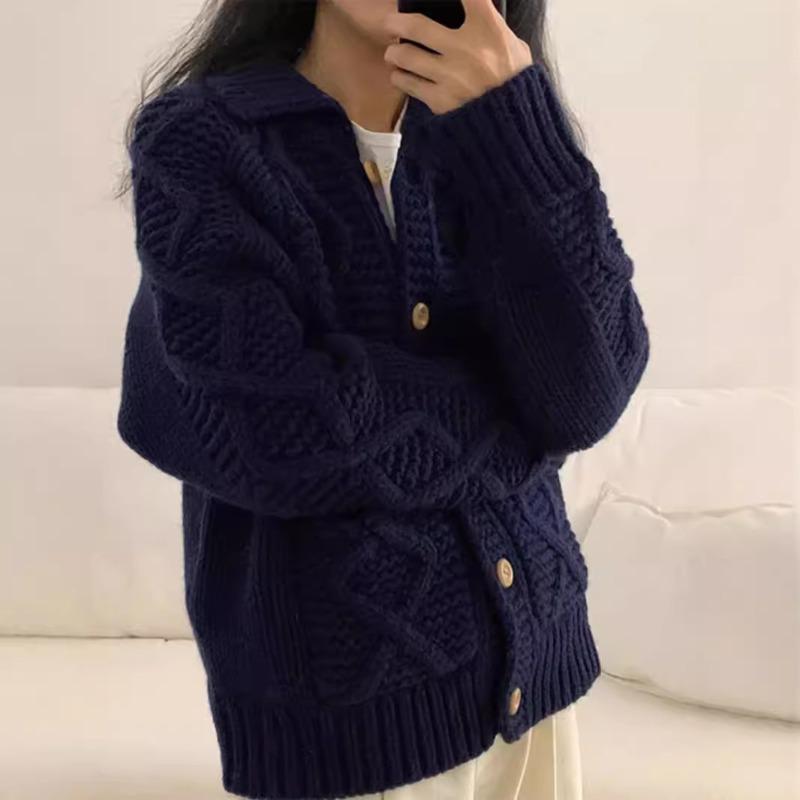 

Autumn and winter new retro twist knitted cardigan top women s soft waxy loose lazy wind sweater jacket one size fits all тёмно-синий