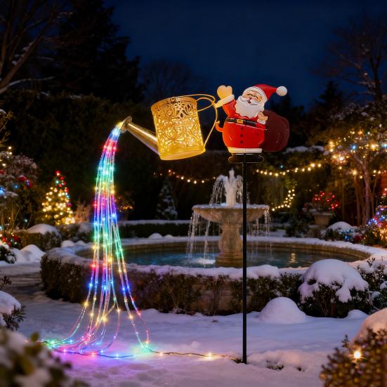 Solar Lights Outdoor Santa Watering Can Kettle Lights LED Fairy Lights Waterproof Metal Garden Lantern for Yard Patio Lawn Pathway