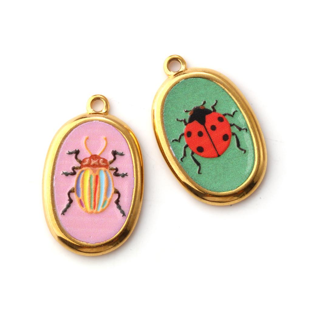 2PCs Creative 304 Stainless Steel Insect Charms For Jewelry Making 18K Gold Plated Oval Ladybug Necklace Pendant 28mm X 17.5mm