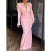 Women's V Neck Long Sleeve Maxi Dress Slim Fit Mid Rise Elegant Ruched Mermaid Dress