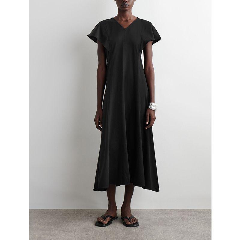 CS Summer New Product Women's Clothes Cotton Pleated V Neck Standard Edition Flounced Sleeve Mid Length Long Length Dress 1272841