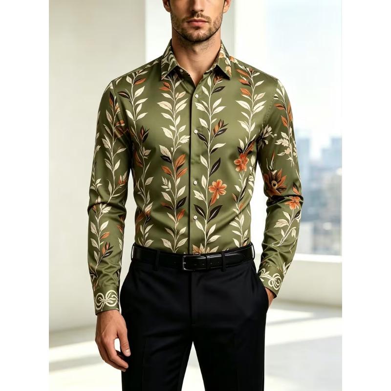 New men's long sleeved shirt with wine red gold chain diamond shaped 3D pattern printing, slim fit collar single shirt