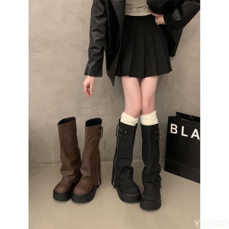 Fashion New Spring Retro Trend Minimalist Women Thick Soled Height Increasing Shoes Women Fashionable Versatile Knee High Heels Boots