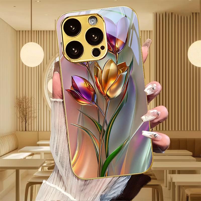 Glossy Metallic Flower Electroplated Golden Phone Case For iPhone 17 16 15 14 13 12 11 Pro Max Plus 16E 17Air 7 8 X Glass Cover