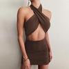 Sleeveless Pure Desire Sexy Backless Neck Dress Female European and American Spice Girls Open Chest Skinny Slim Hips Drawstring Short Skirt