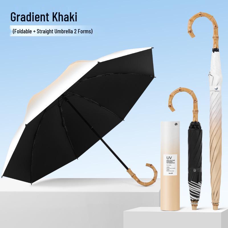 Bamboo Handle Two-Fold Umbrella - Lightweight Black UV Protection and Sunscreen Parasol