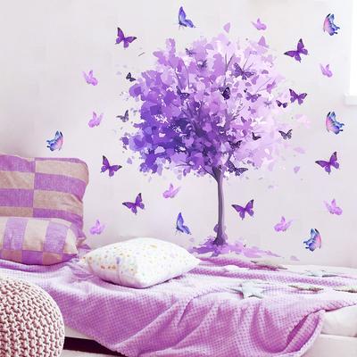 Traumhaft Lila Baum Schmetterling Wandaufkleber Selbstklebend für Heimdeko Schlafzimmer Wohnzimmer Kleiderschrank Wohnheim