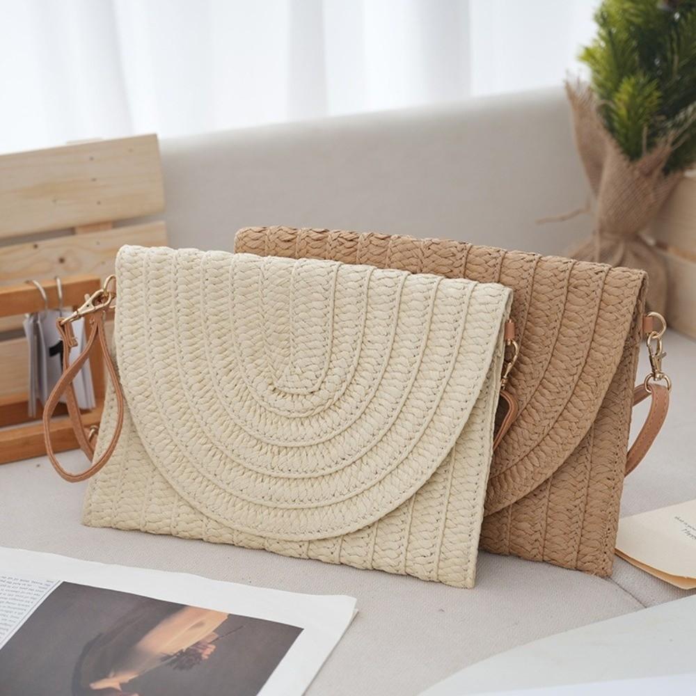New Woven Texture Straw Crossbody Bag Hair Ball Pendant Envelope Shape Envelope Clutch White Khaki Shoulder Bag Travel Outing