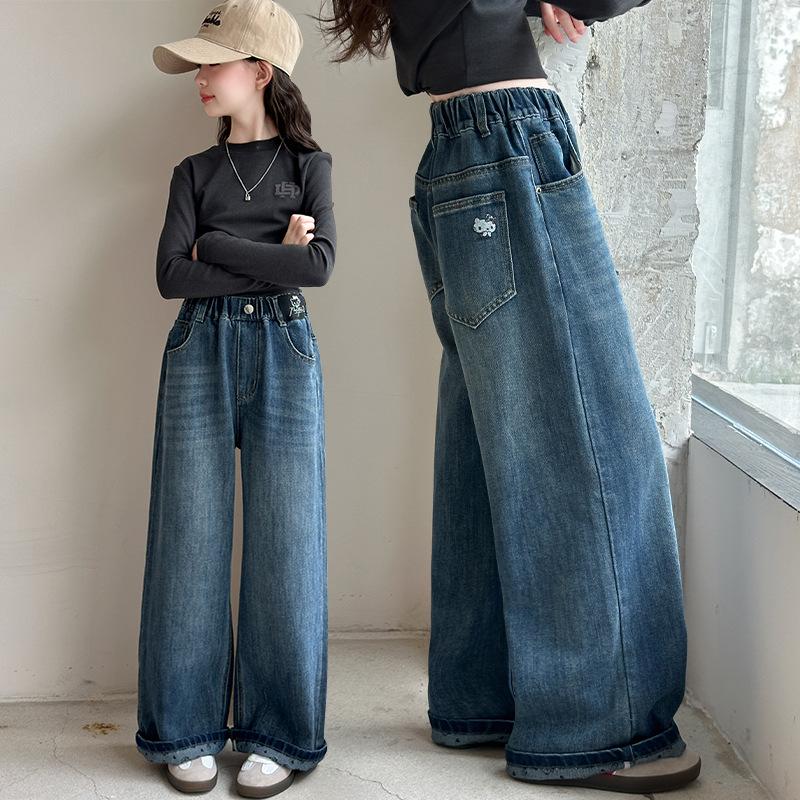 2025 Girls' Trendy Denim Wide-Leg Pants - Spring/Autumn Style, Long Straight-Leg for Big Girls