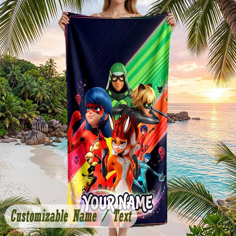 Miraculous Ladybug Strandtuch, Personalisiert mit individuellem Text, Schnelltrocknendes weiches großes Handtuch für Schwimmbad und Reisen