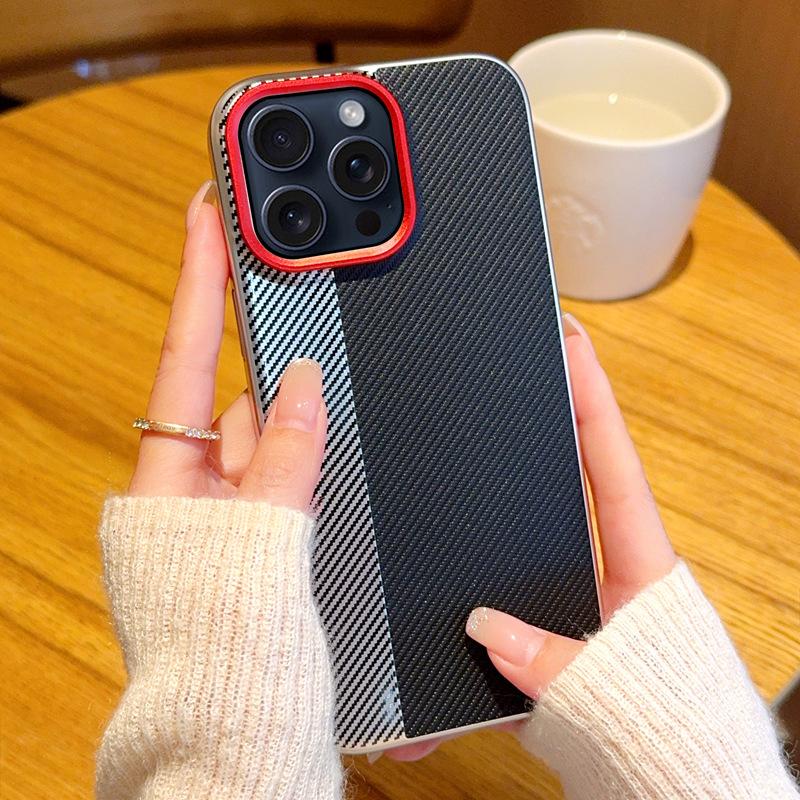 For iPhone 16 Pro Max Case Camera-Style Carbon Fiber Texture Leather+PC Phone Cover
