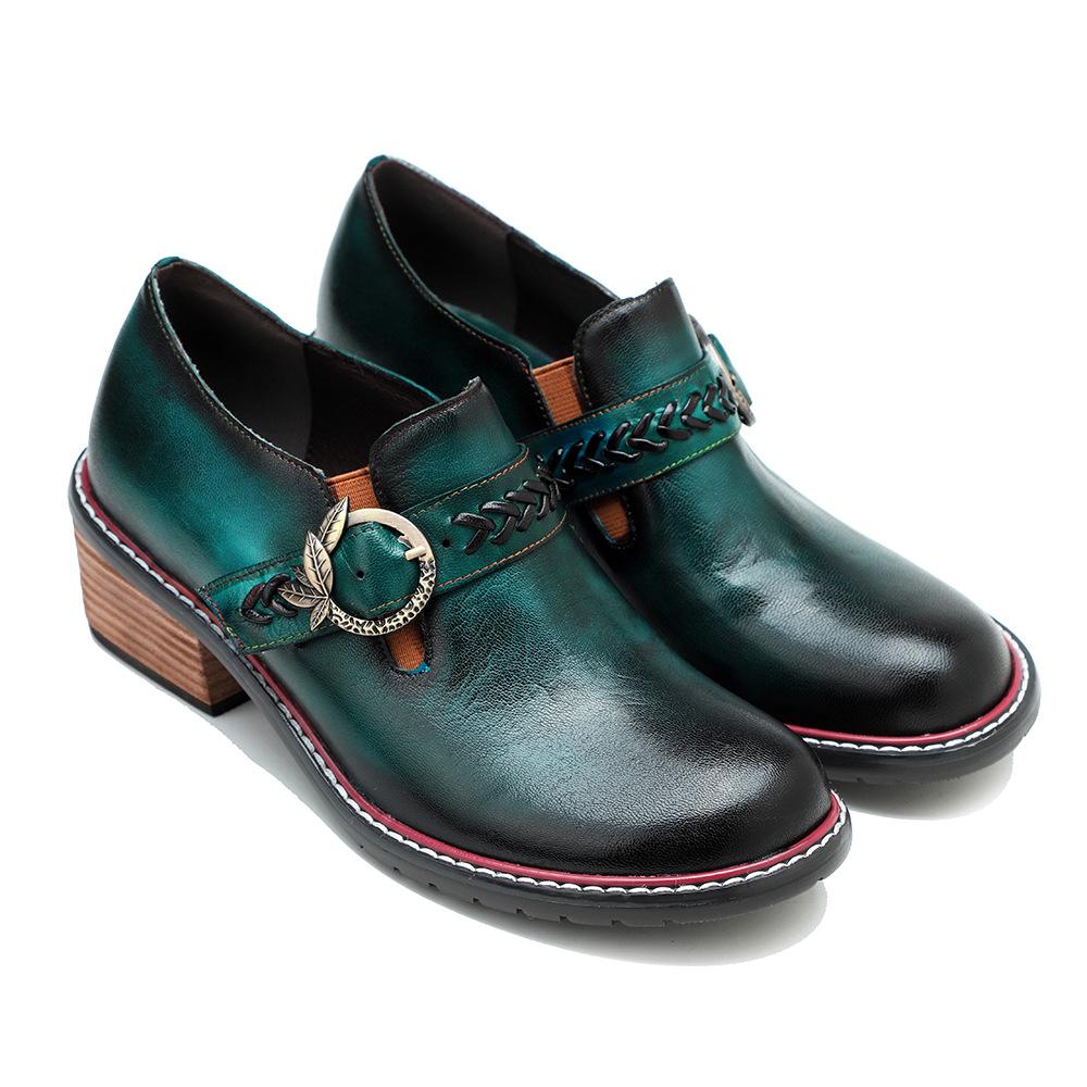 Johnature Zapatos de tacón de cuero genuino para mujer, zapatos de primavera Retro con punta redonda, Color sólido, hechos a mano, zapatos de ocio Silp-on