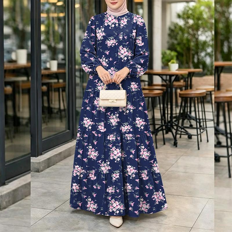 ZANZEA Women Floral Print Casual Round Neck Long Sleeve Loose Long Dress S тёмно-синий