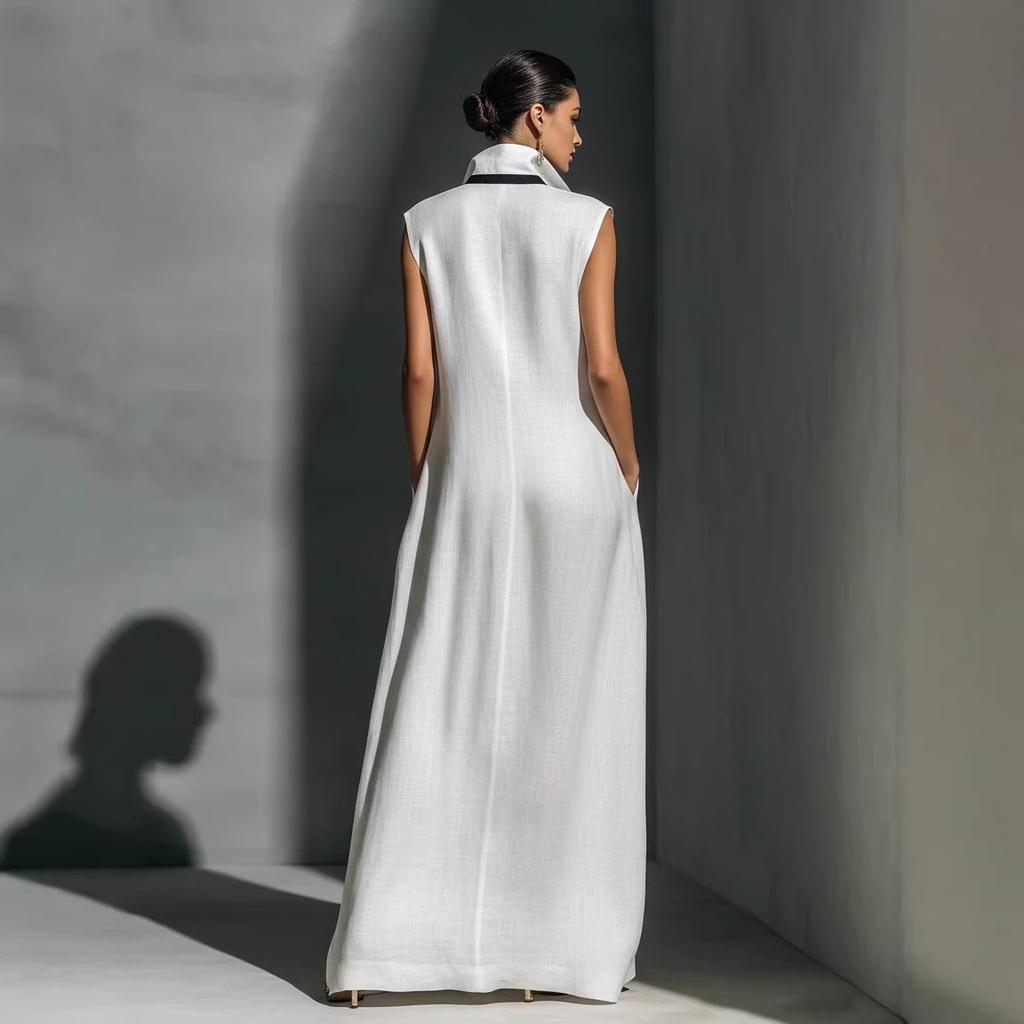 Damen V-Ausschnitt Ärmellos Weiter Bein Jumpsuit Lockerer Sitz Hoher Bund Kontrastfarbe Maxi Jumpsuit