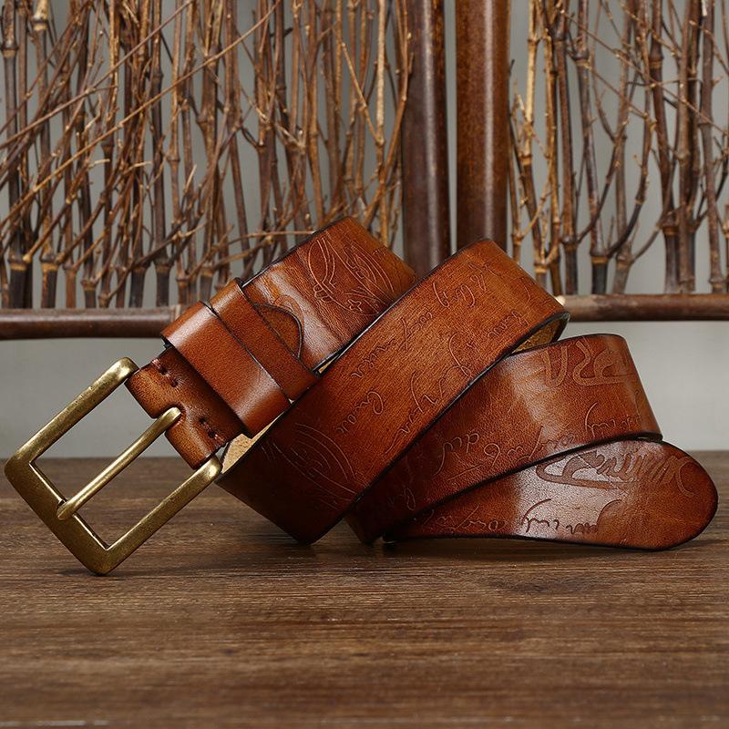 

Ремень мужской из натуральной кожи крупного рогатого скота с лазерной гравировкой, модный ремень в стиле ретро с уникальной латунной пряжкой, мужской ремень 125cm