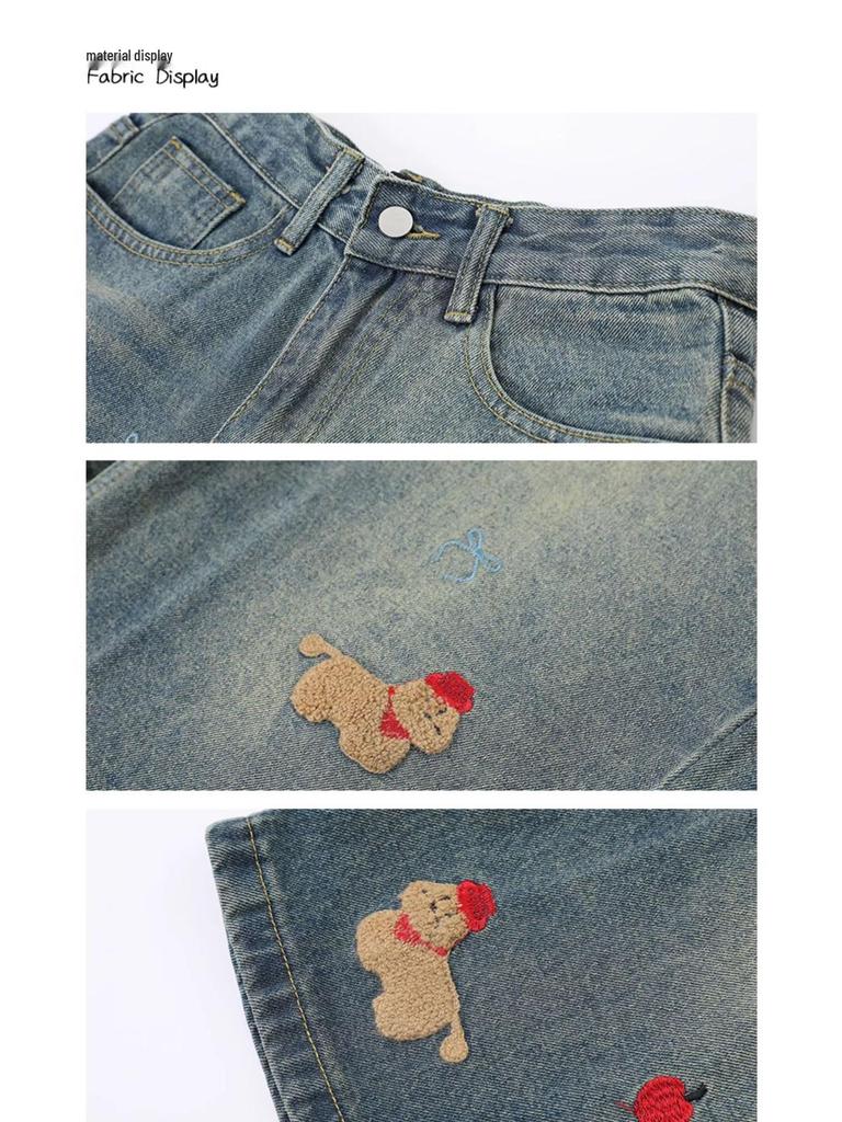 Women's Retro Cute Embroidered Puppy Chenille Denim Shorts - 2025 Summer Seven-Point Loose Fit