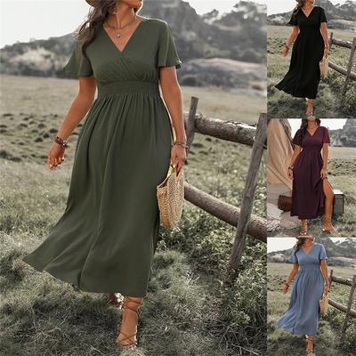 Solid Color V-neck, Flared Sleeves, Elastic Waist, Thin Split Skirt