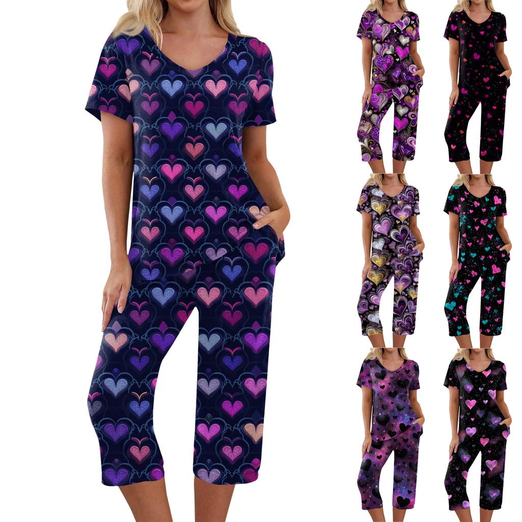 2 Piece Sets For Women Short Sleeve Top And Pants With Pockets Workout Soft Print Sets
