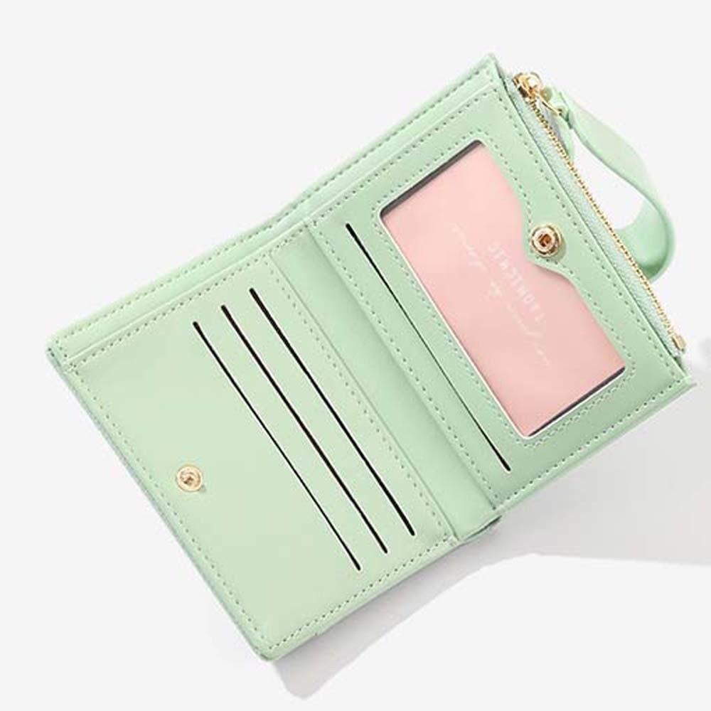 PVC Women Folding Wallet Portable Lady Short PU Purse Wrist Rope Pouch Solid Color Card Bag  Work