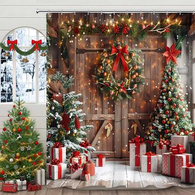 Christmas Shower Curtain Winter Holiday Farm Mantel Stockings Gifts Rustic Pine Home Polyester Fabric Bathroom Decor Curtain Set