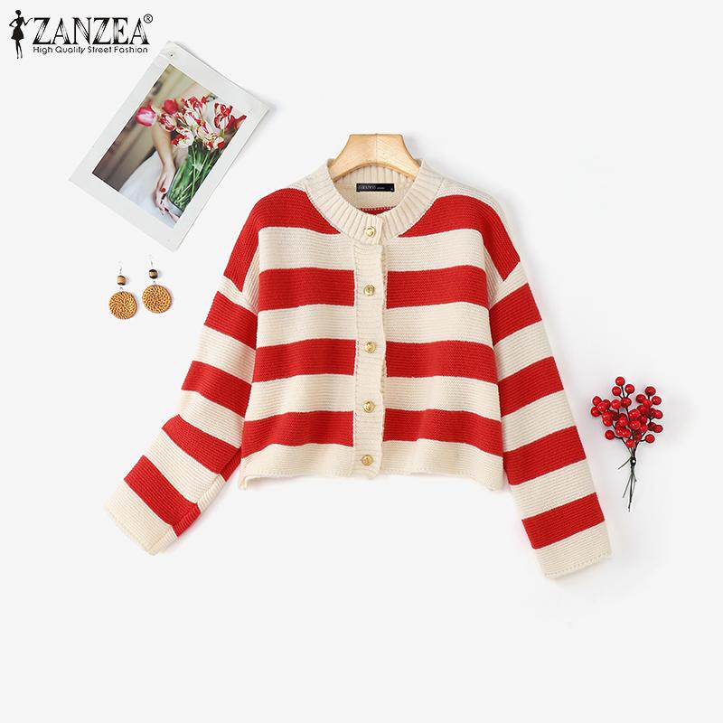 ZANZEA Autumn Spring Women Long Sleeve Striped Casual Knitted Stretch Sweaters Cardigans