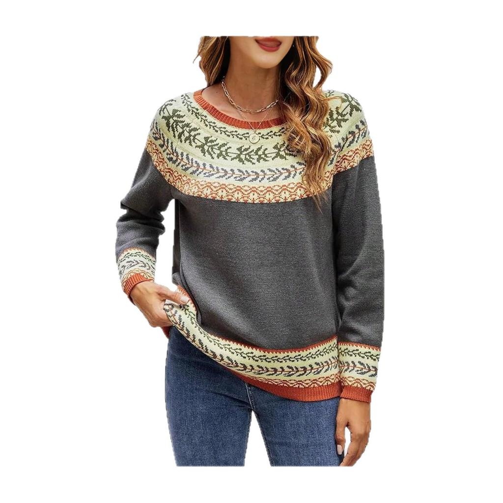 Pull Tricoté Style Américain Color Block pour Femme - Manches Longues Décontracté Col Rond