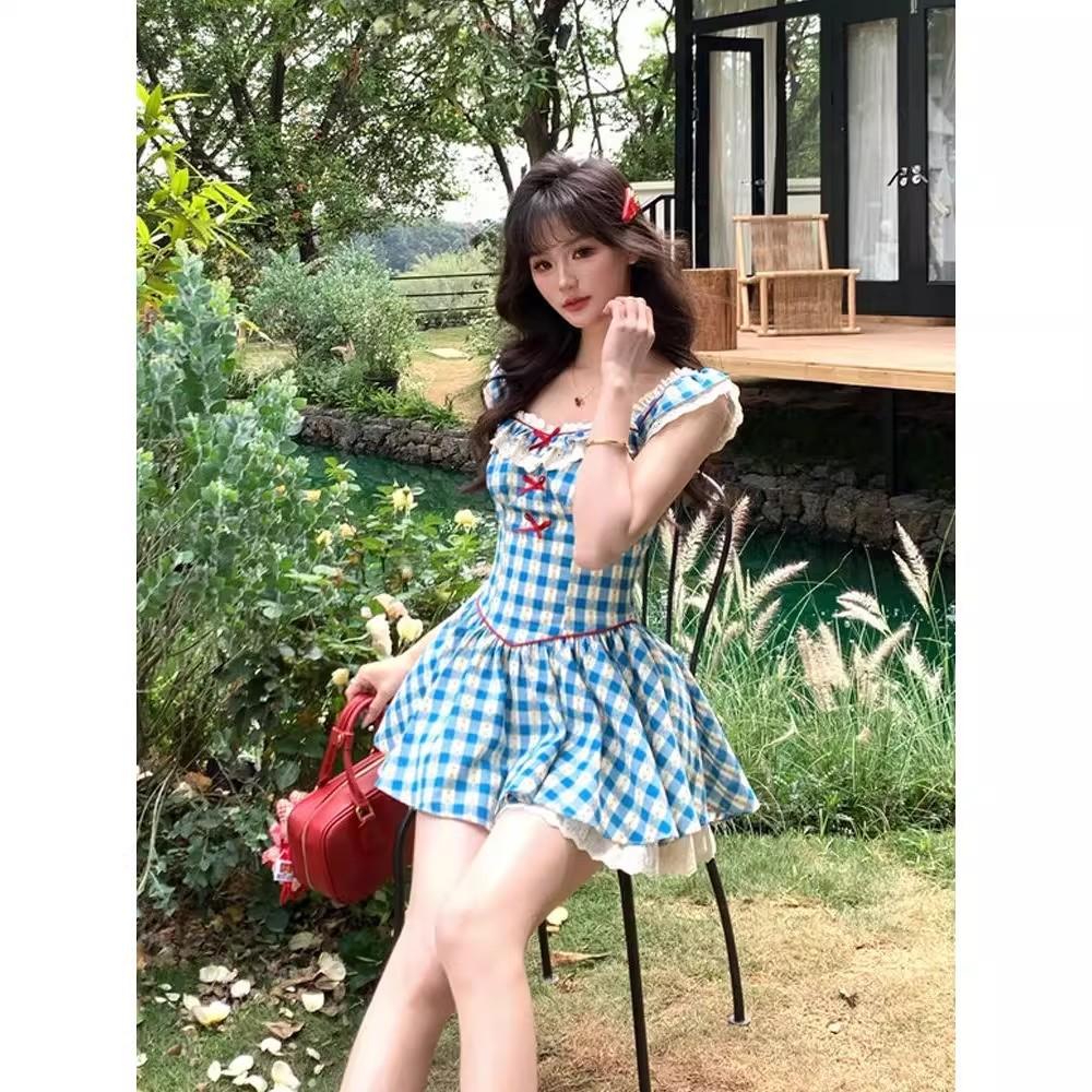 New Summer French Retro Blue Plaid Small Flying Sleeve Dress Feeling Small Flying Sleeve Tutu Dress Tide
