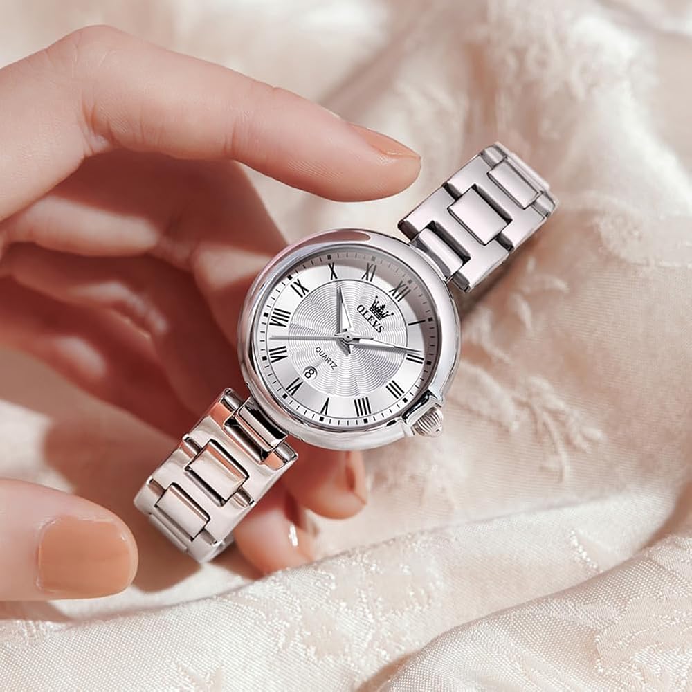 OLEVS Women's Quartz Watch Lightweight Waterproof Stainless Steel Luminous White