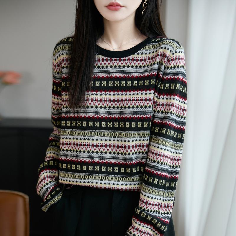 

Round-neck Early Autumn Sweater Thin Knitted Sweater Women s Spring and Autumn New Style Multi-color Base Shirt M чёрный/жёлтый