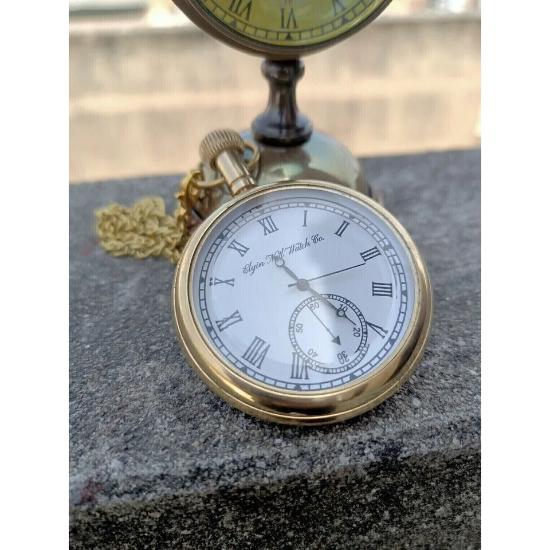 Vintage Antique Engraved Brass Elgin Pocket Watch W/ Chain Gift Nautical Marine