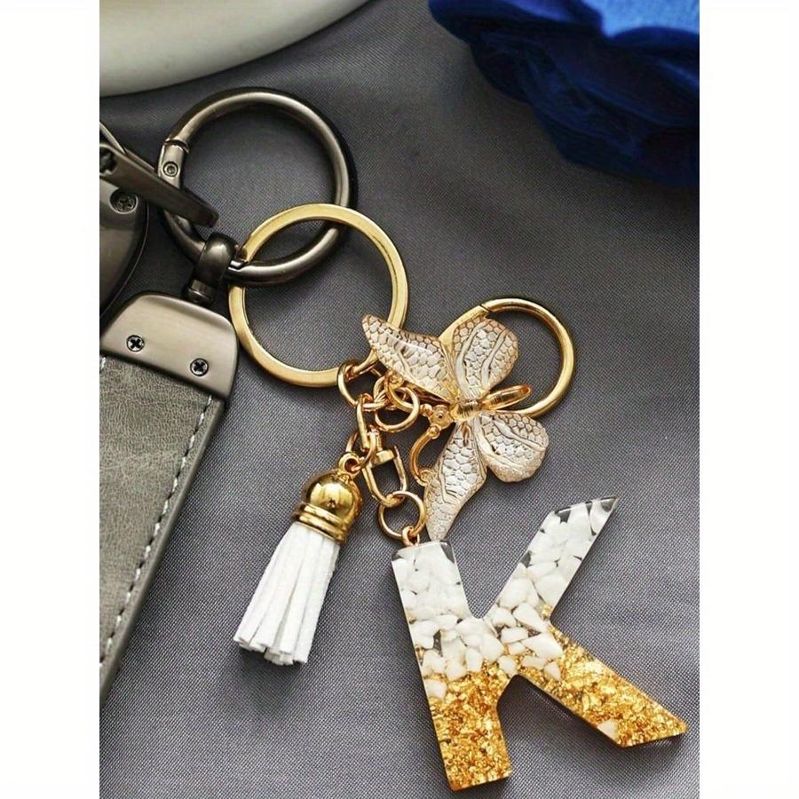 Cute Initial Letter Keyrings White Keychen, Capital Alphabet Gold Foil Resin Keychain Charm with Butterfly Tassel Pendant, Thanksgiving