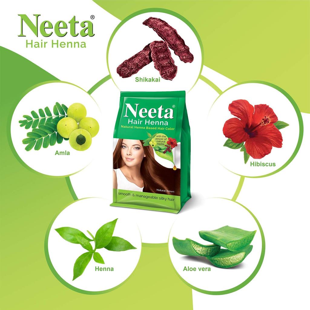 Neeta Haar Henna Kleur Natuurlijk Bruin 125g X Pak van 4 Ammoniakvrije Haarkleur voor Vrouwen Mannen