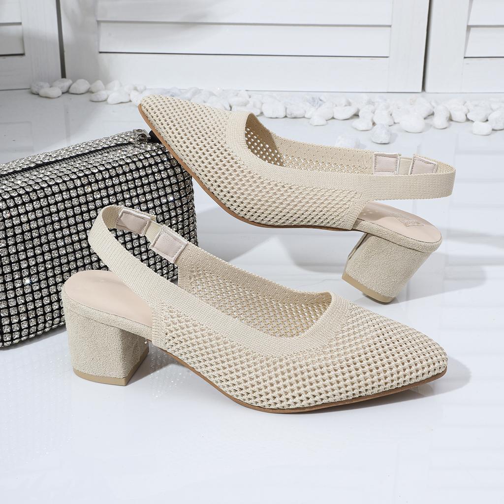 Classic Sandals Woman Slides Casual Hoof Mid Heels Shoes Women Solid Stretch Fabric Slip On Sandals Summer Pumps Plus Size