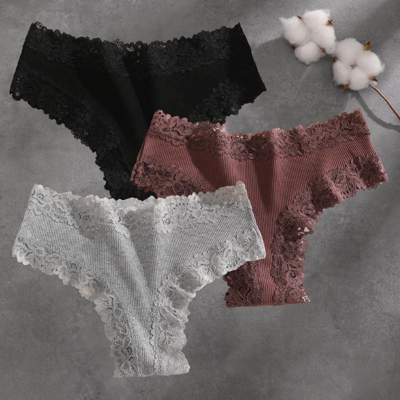 FINETOO 3Pcs Cotton Lace Patchwork Bikini Panties Women Seamless Floral Print Brazilian Pants Low Waist Breathable Female Sexy Lingerie