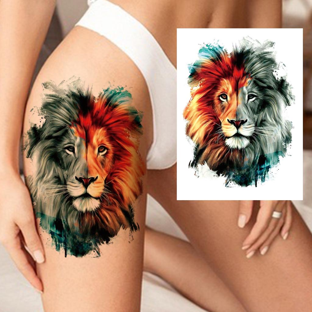 Watercolor Lion Tiger Temporary Tattoo For Women Men Atult Kid Realistic Fake Animal Tattoo Sticker Water Transfer Tatoos Thigh