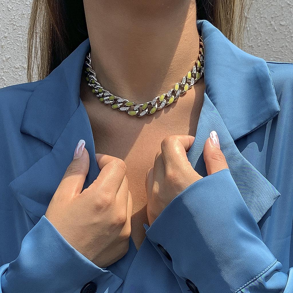 Punk Style Diamond-Encrusted Cuban Chain Necklace, Retro Dripping Oil Luminous Metal Chain Necklace For Women