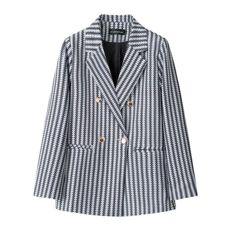 Blazer a Pied de Poule Blu e Bianco Stile Britannico da Donna con Bavero Elegante Cappotto Completo Nuova Collezione Outerwear per Performance