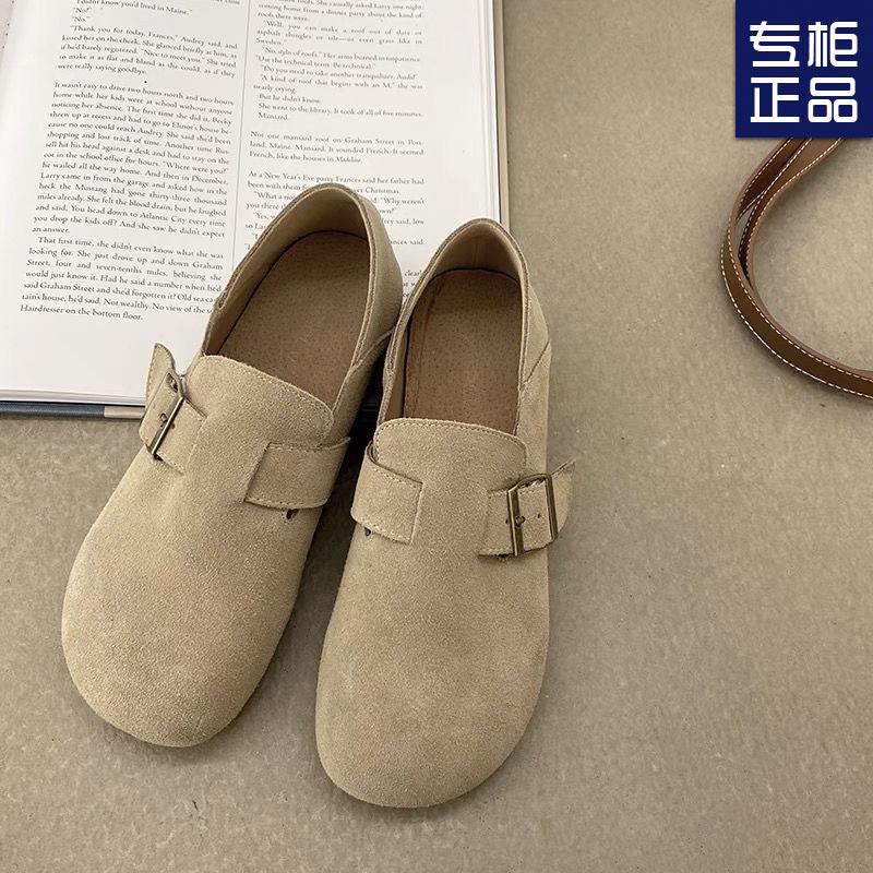 Frosted shoes spring new flat-soled retro single shoes one-pedal round head shoes women