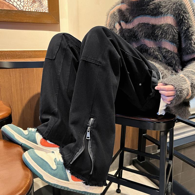 Splicing Zipper Denim Trousers Men's Autumn and Winter Hong Kong Style Ins Trendy Personality Handsome Loose Straight Burrs Pants